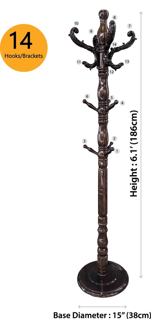 6.1'(186cm) Heavy Duty Brown Antique Wax Wood Coat Rack, 10 Branches (1 pc/ctn)