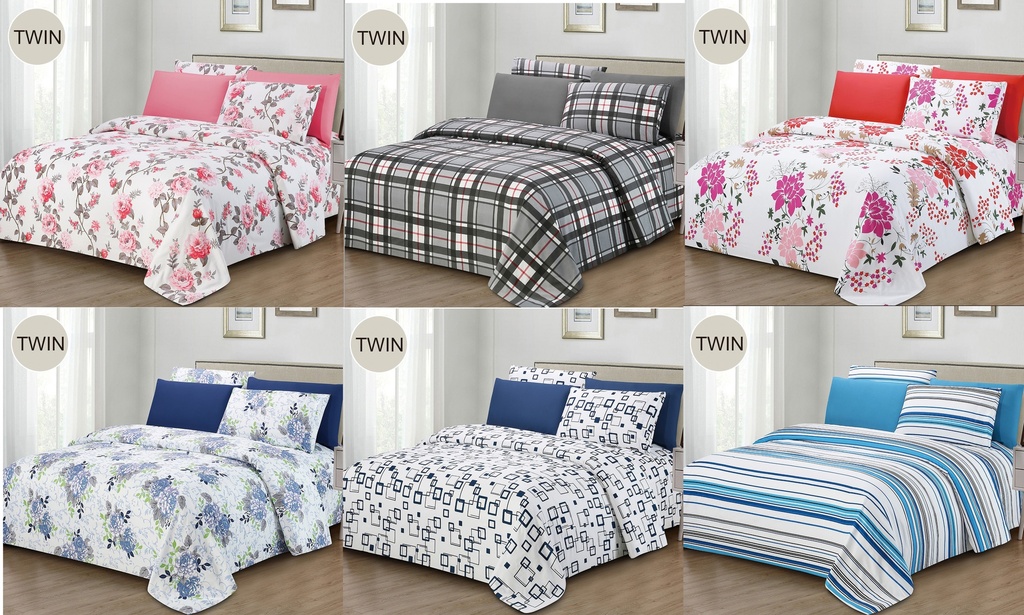 4 Pieces Twin Size Bed Sheet Set, 100% Microfiber, 75 GSM, Assorted 6 Designs (12 set/ctn)