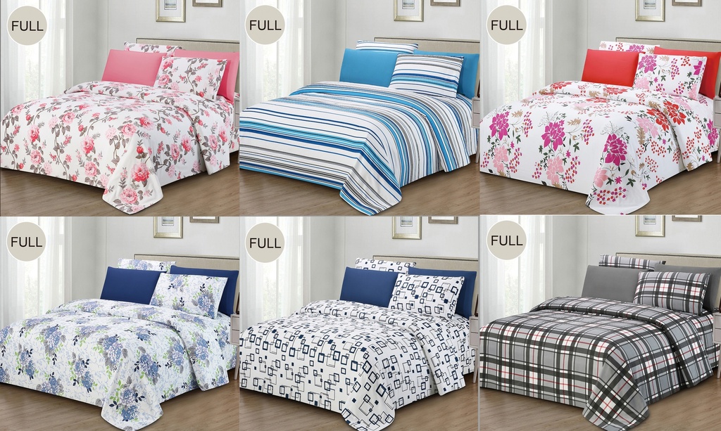 6 Pieces Full Size Bed Sheet Set, 100% Microfiber, 75 GSM, Assorted 6 Designs (12 set/ctn)