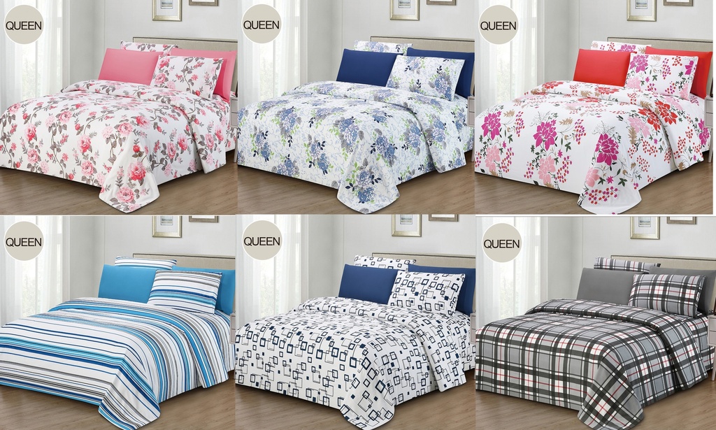 6 Pieces Queen Size Bed Sheet Set, 100% Microfiber, 75 GSM, Assorted 6 Designs (12 set/ctn)