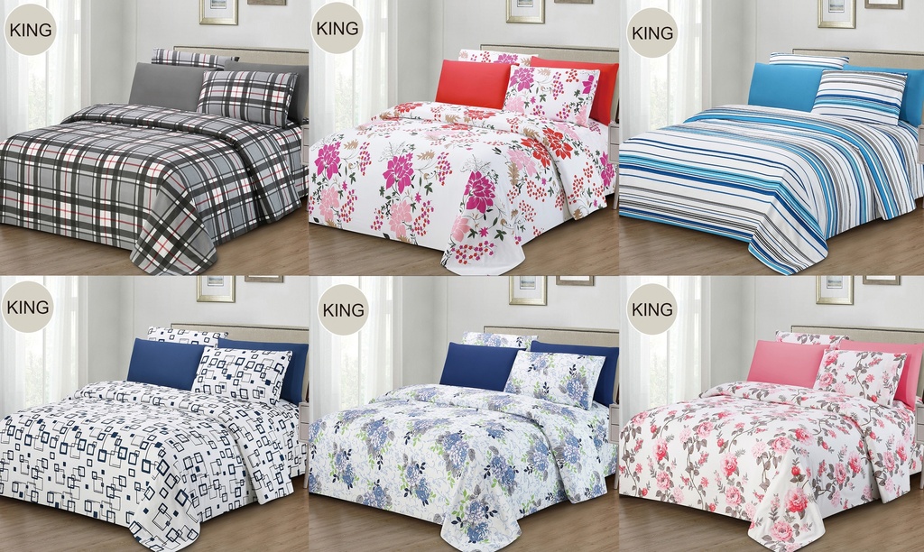 6 Pieces King Size Bed Sheet Set, 100% Microfiber, 75 GSM, Assorted 6 Designs (12 set/ctn)