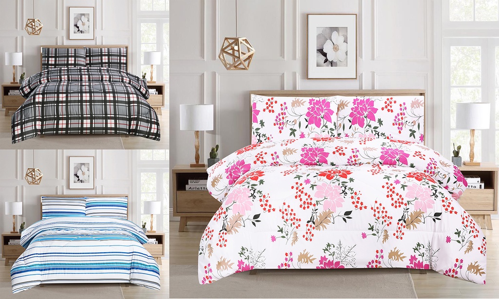 Queen Size Comforter, 100% Microfiber, 80 GSM, 200g Filling, Assorted 3 Designs (6 pc/ctn)