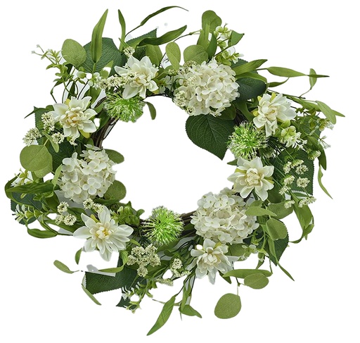 [FL7304] 20" Dahlia&Hydrangea Wreath, Flower Head: Dahlia 6 pc,Hydrangea 3 pc (4 pc/ctn)