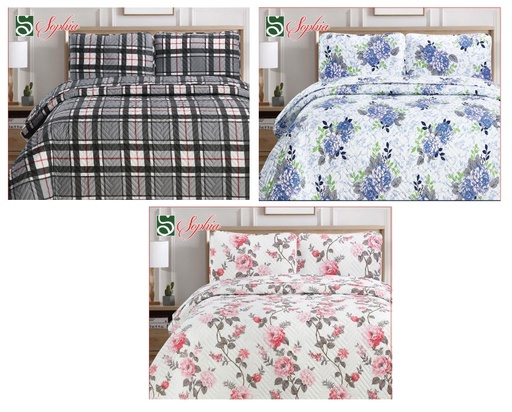 [BD5210] 3 Pieces Full Size Quilt Set, 150g Filing,100% Microfiber, 80 GSM, Assorted 3 Designs (12 set/ctn)